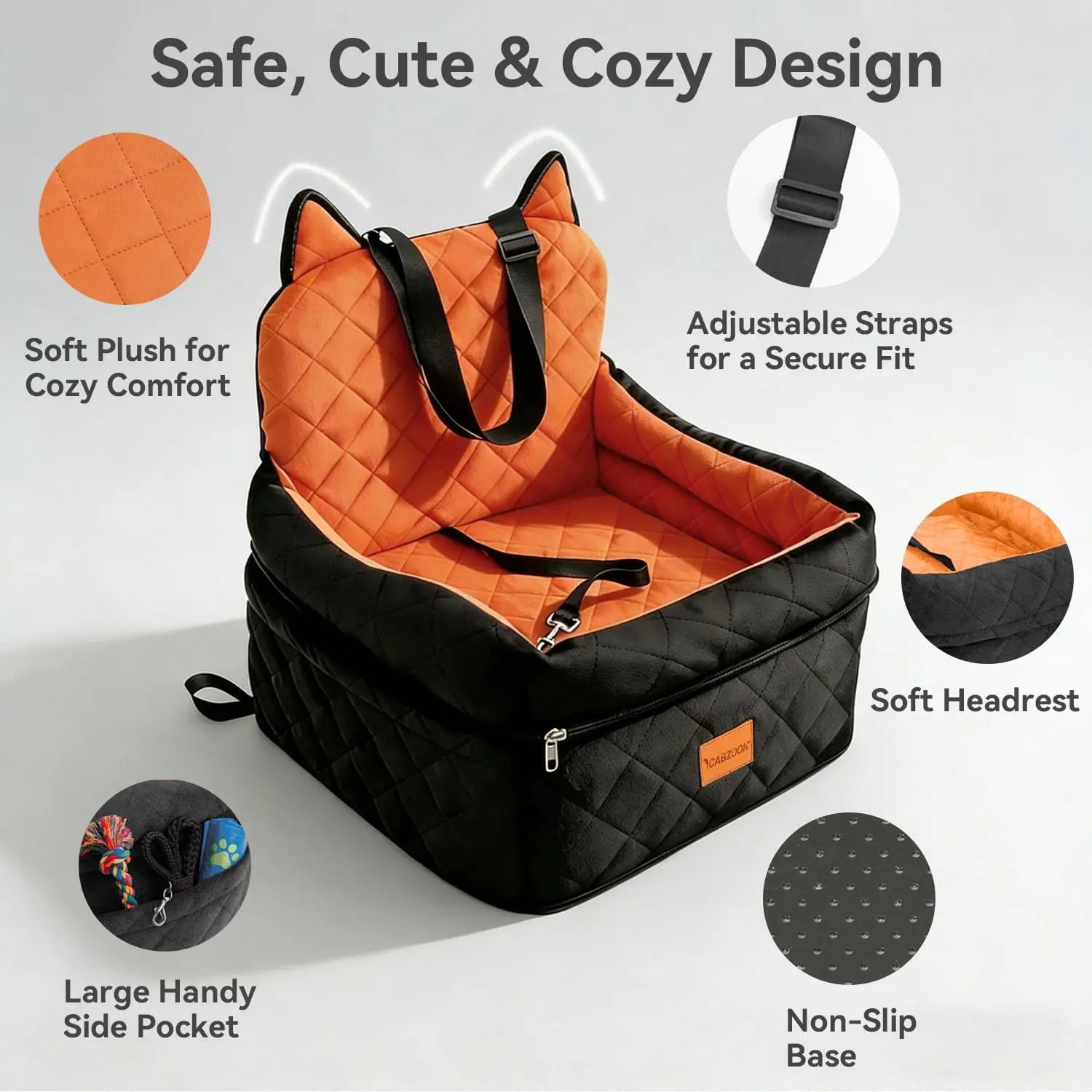 Dog Car Seat for Small/Medium Dogs Up to 35lbs, Elevated Cushion with Washable Cover & Storage Pockets, Black-Orange