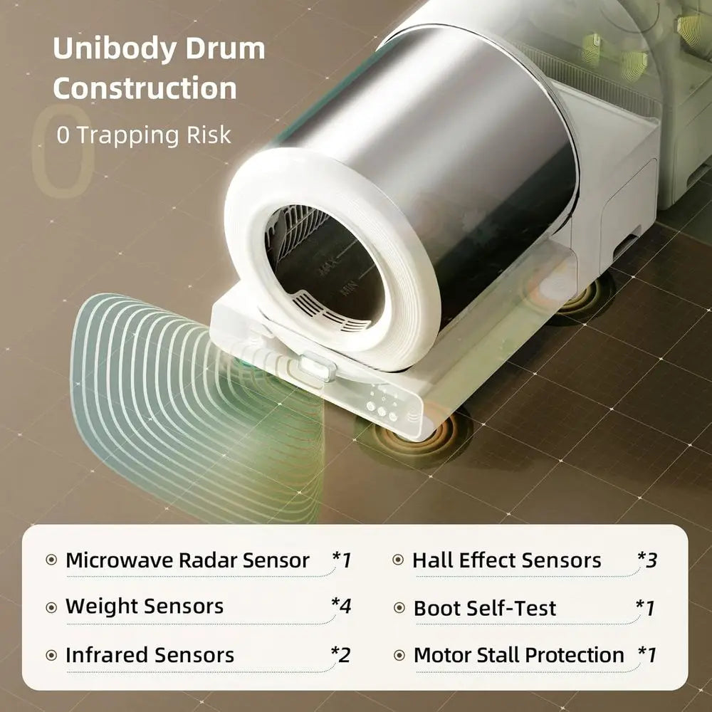 Smart Stainless Steel Cat Litter Box with Automatic Cleaning, App-Controlled, Low Entry, Safety Sensors, Mat & Bags Included