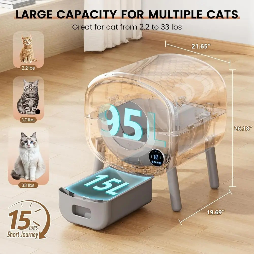Large-Capacity Automatic Litter Box for Multiple Cats with App Control, Safety Features, and 2 Litter Bags - White