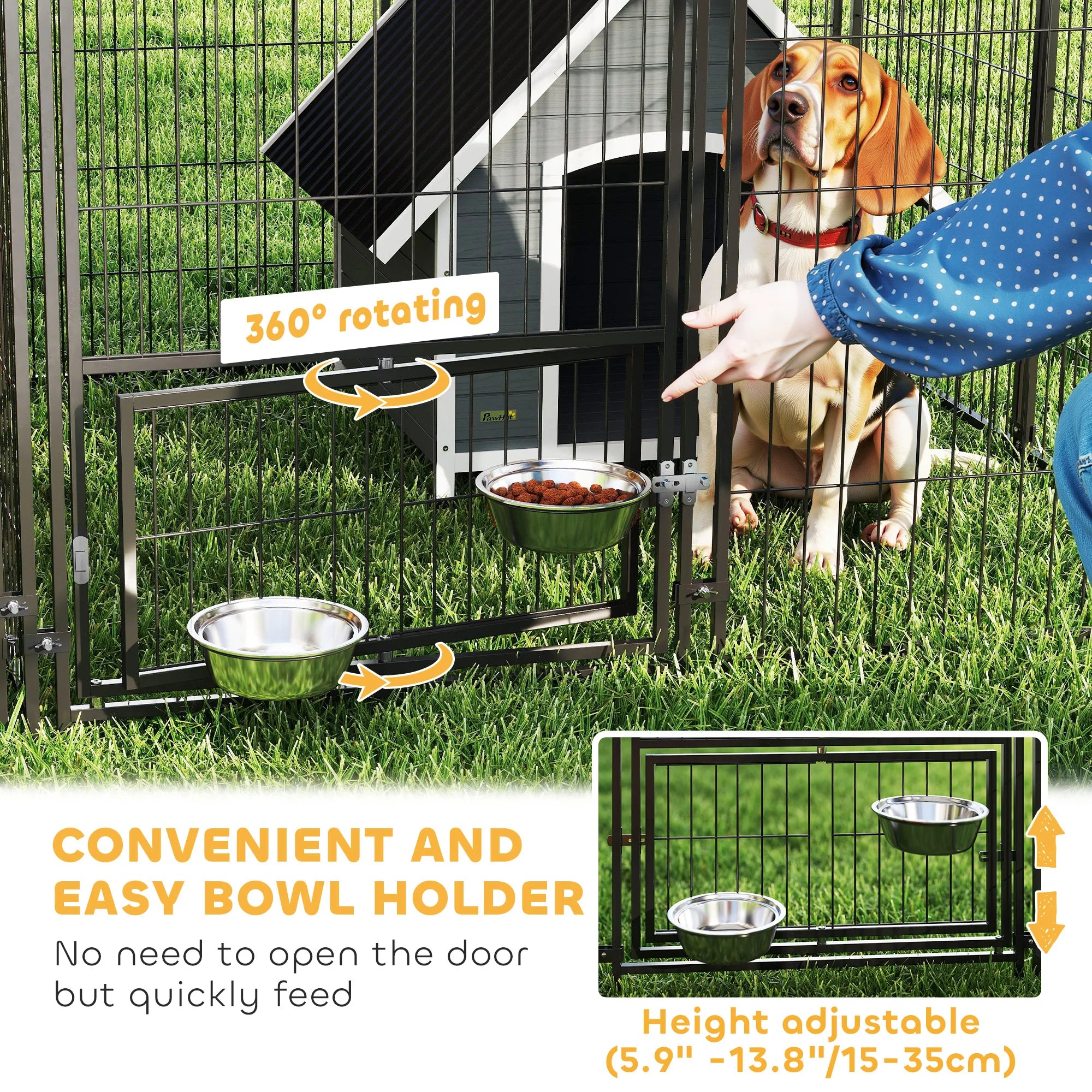 Dog Kennel Outdoor with Rotating & Adjustable Height Bowls
