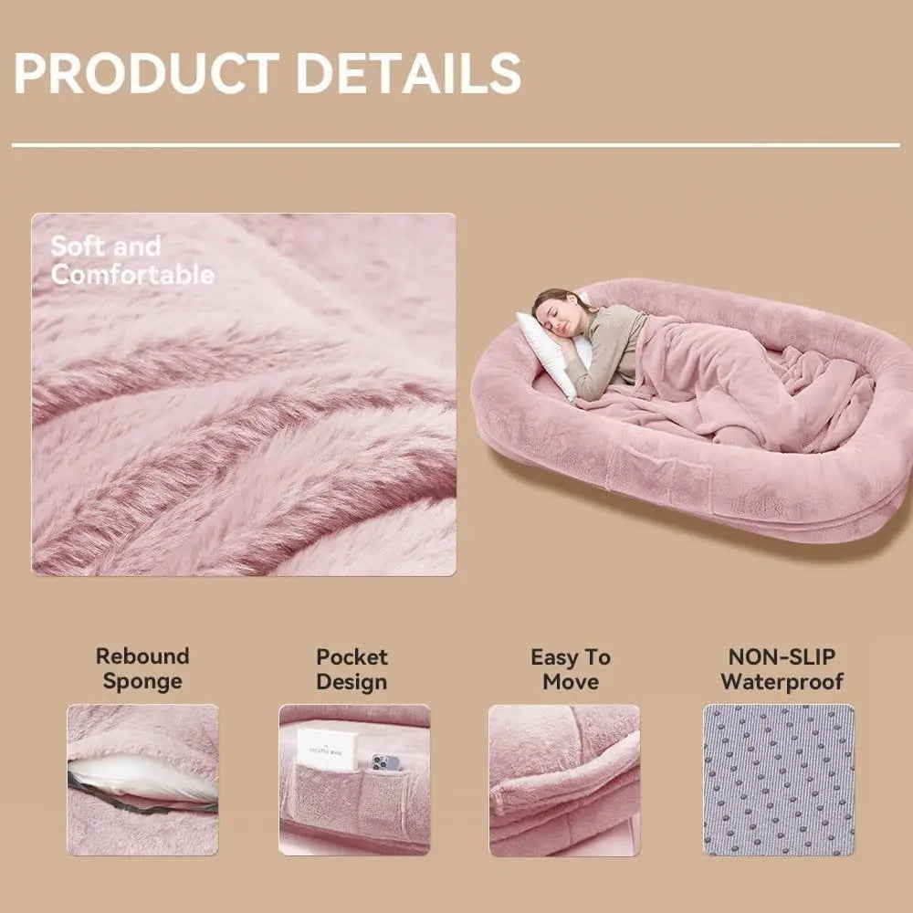 Jumbo Plush Dog Bed for Humans & Pets, 77x51x11 Inches, Waterproof, Removable Cover, Pink
