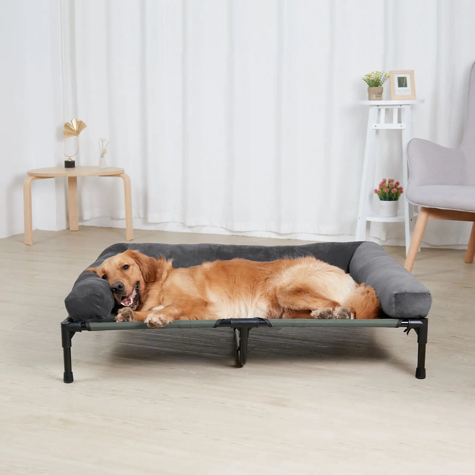 Dog Bed for Dogs and Cats Indoor Outdoor Elevated Pet Lounger Bed with Detachable Plush Bolster Cooling  Summer L XL 2XL
