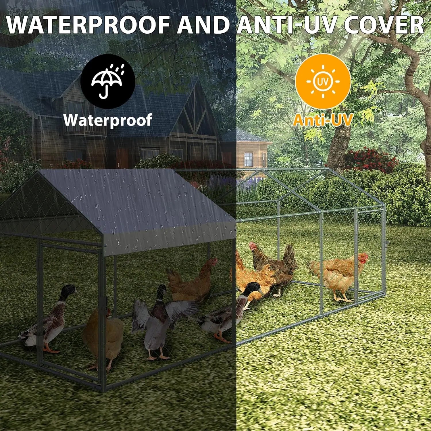 120"x40"x40" Large Walk-in Metal Chicken Coop with Waterproof Anti-UV Cover Outdoor Chicken Run for Chickens Ducks Rabbits Geese