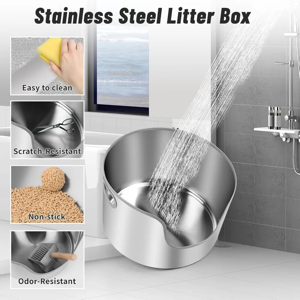 Large Round High-Sided Stainless Steel Cat Litter Box with Scoop, Filter Pedal, and Litter Mat for Easy Clean-Up