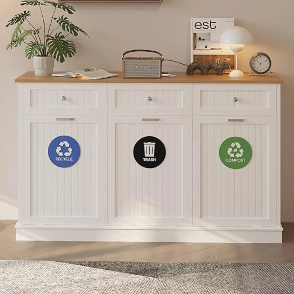 HOME.Triple Tilt Out Trash Can Cabinet 30 Gallon, 3 in 1 Garbage Can Recycling Cabinet, 59 INCH Trash Recycling Compost