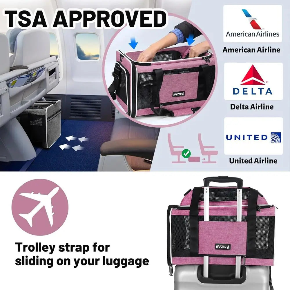 Compact Soft-Sided Airline Approved Pet Carrier for Cats & Dogs, Under-Seat Cabin Bag, TSA Compliant, Pink