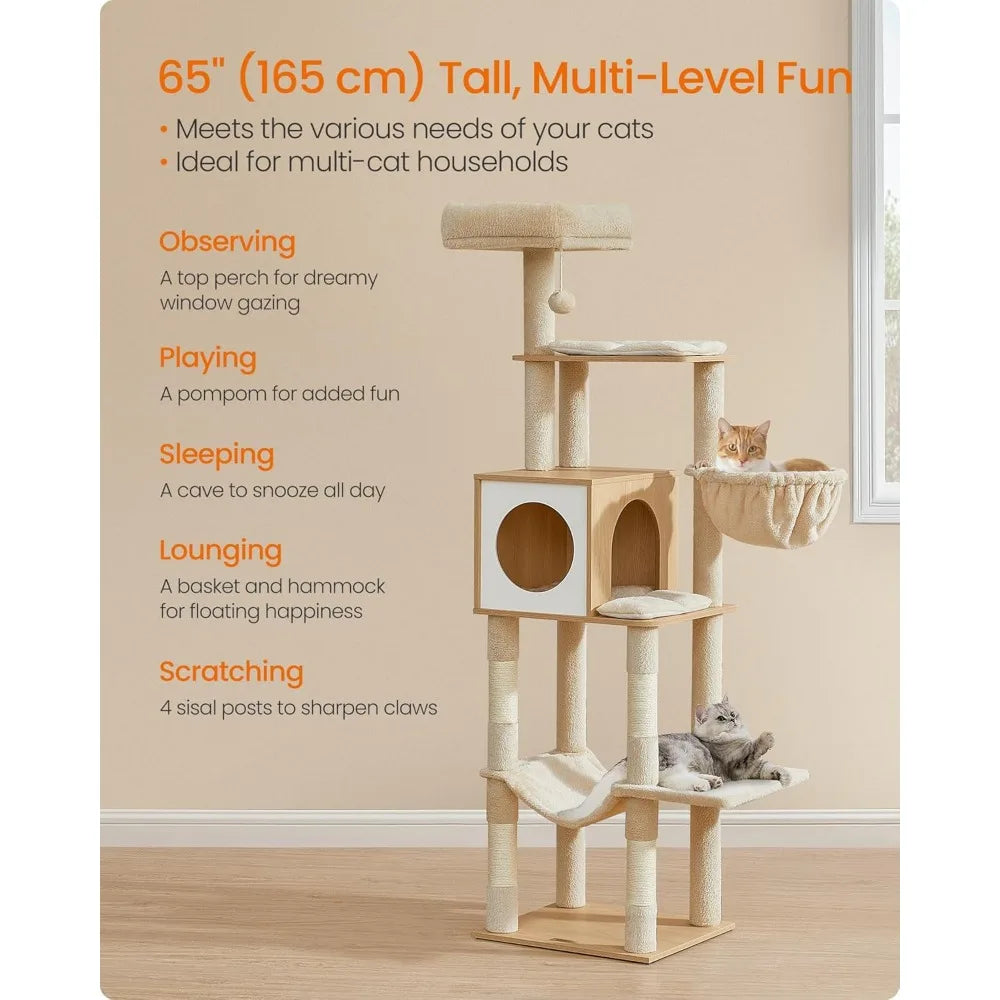65-Inch Tall Cat Tree with Multi-Level Condo, Cave, Basket, Hammock, Scratching Posts in Almond Yellow