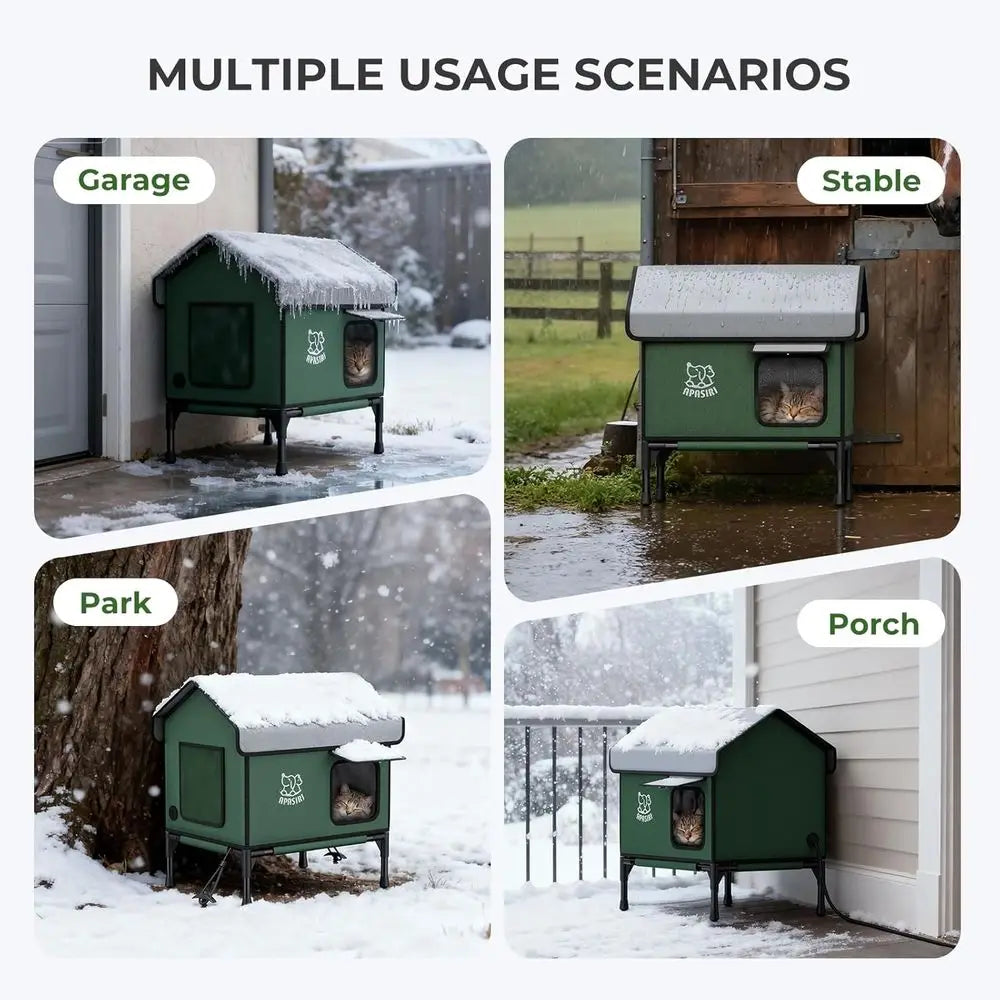Durable Insulated Outdoor Heated Cat House with Escape Hatches, Anti-Peep Curtains, and Weatherproof Design for Small Cats