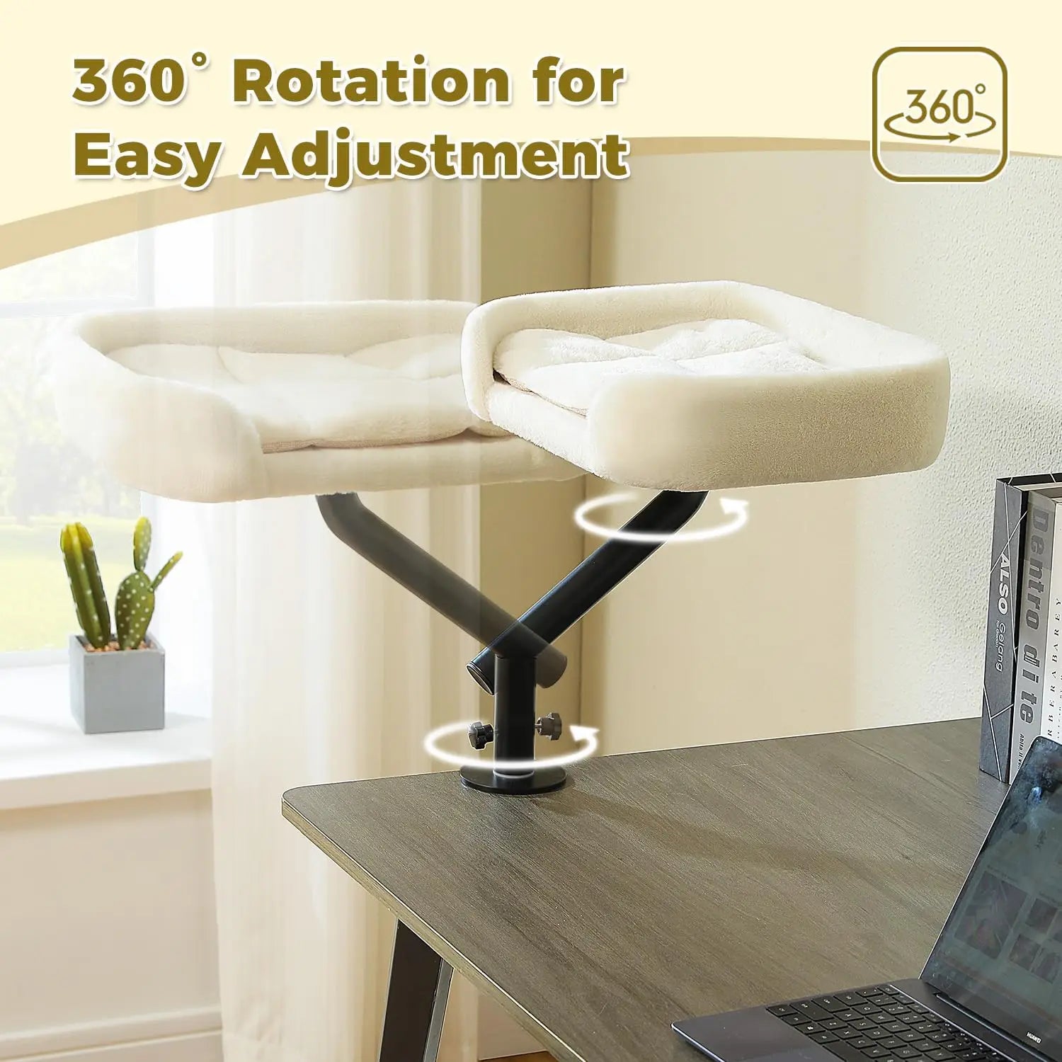 360° Rotatable Cat Desk Bed, Supports Up to 50 lbs, Adjustable White Hammock for Indoor Cats