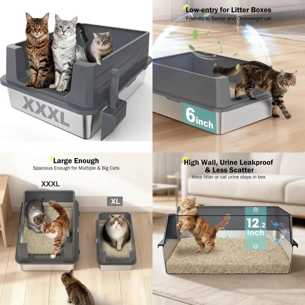 Stainless Steel Litter Box Extra Large for Big Cats Multi-Cats, Jumbo Extra Large Metal Cat Litter Box with High Sided Lid, Anti