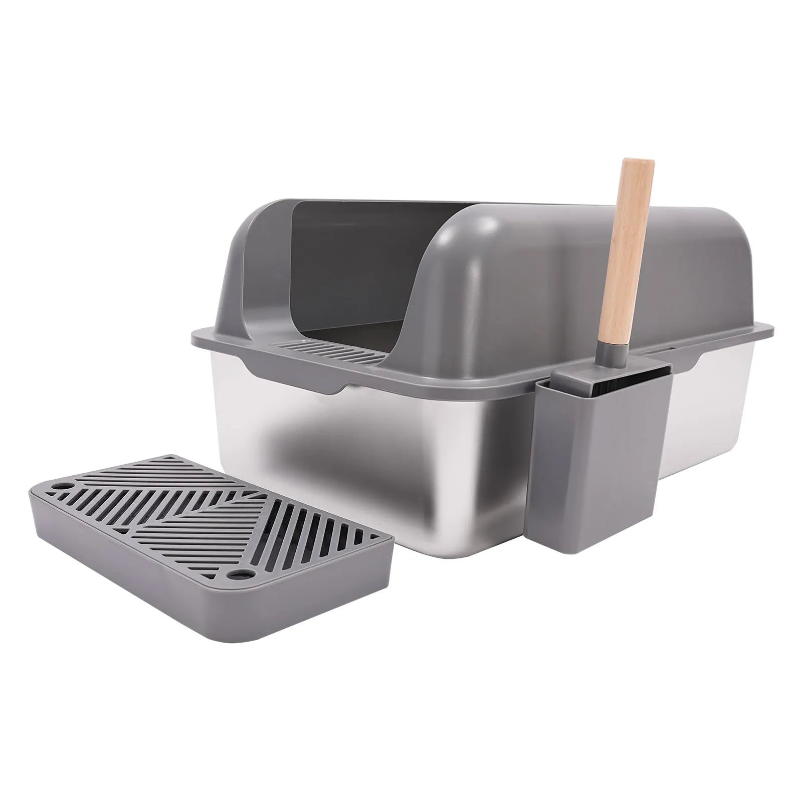 Stainless Steel Cat Litter Box with Protective Shovel Placed in Living Room, Hallway, Bedroom, Pet Store