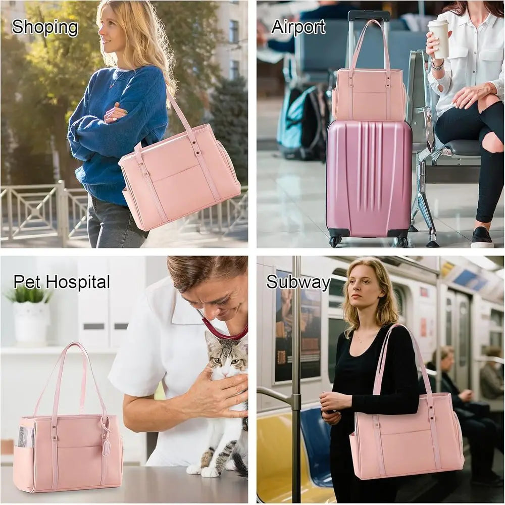 Fashion Dog Carrier Purse, Premium Leather Cat Carrier Bag, Airline Approved Soft Sided Pet Travel Tote Bag with Pockets Pink
