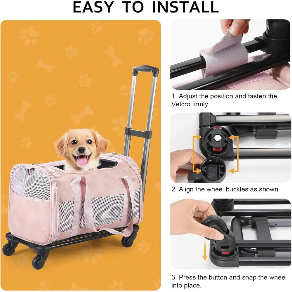 Airline Approved Pet Carrier with Wheels, Rolling Soft Sided Dog Cat Travel Bag, Premium Fashion Leather Small Pet Carrier Purse