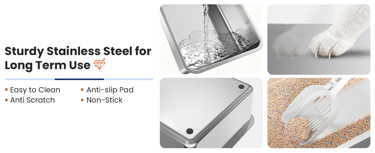 Stainless Steel Cat Litter Box Non-Stick Odor Control Easy Clean with Lid&Scoop Rust-proof Durable Stainless Steel Pet Toilet