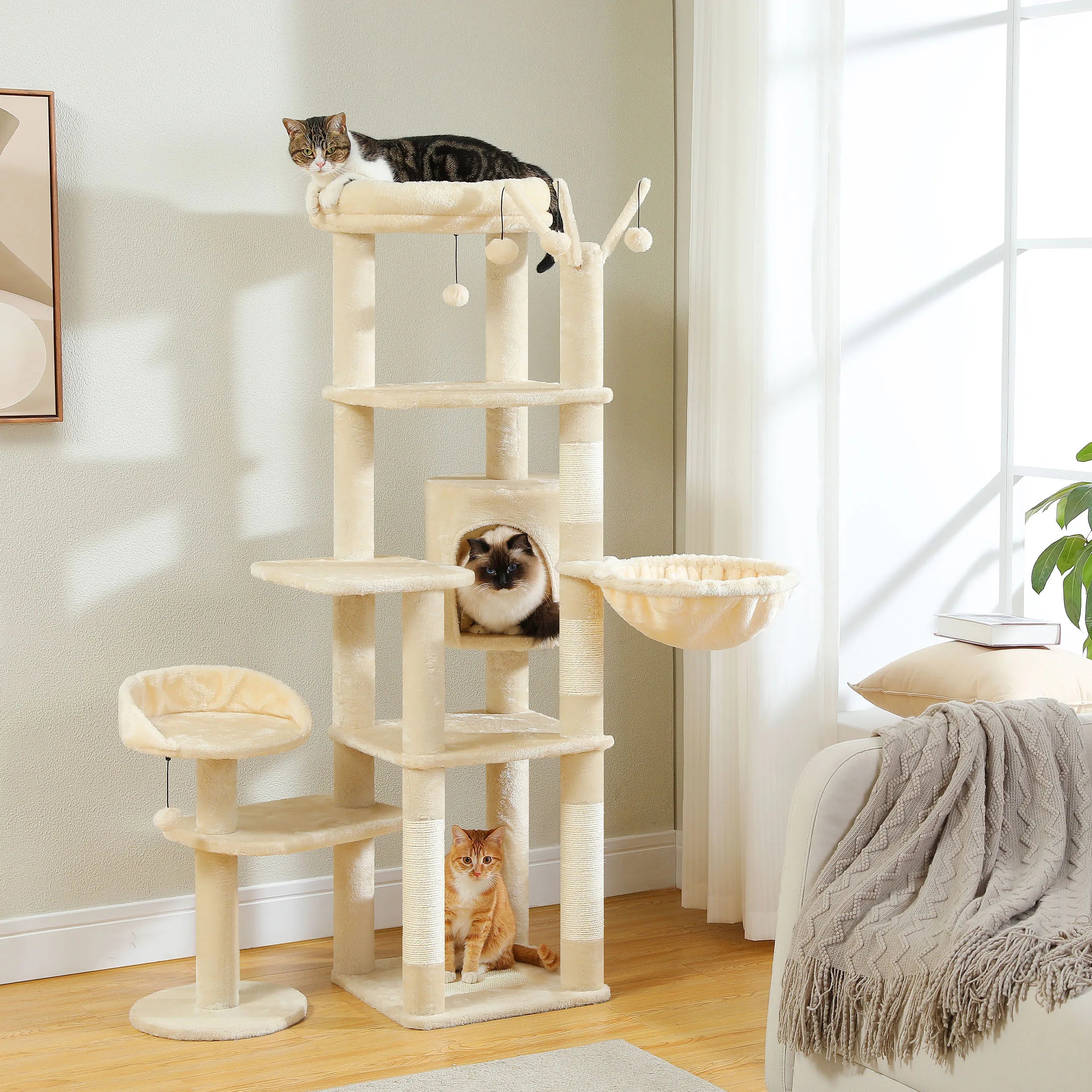 Large Cat Tree for Indoor Large Cats Tall Cat Tower for Fat Cats with Super Big Hammock, Cat Climbing Trees with Scratching Post