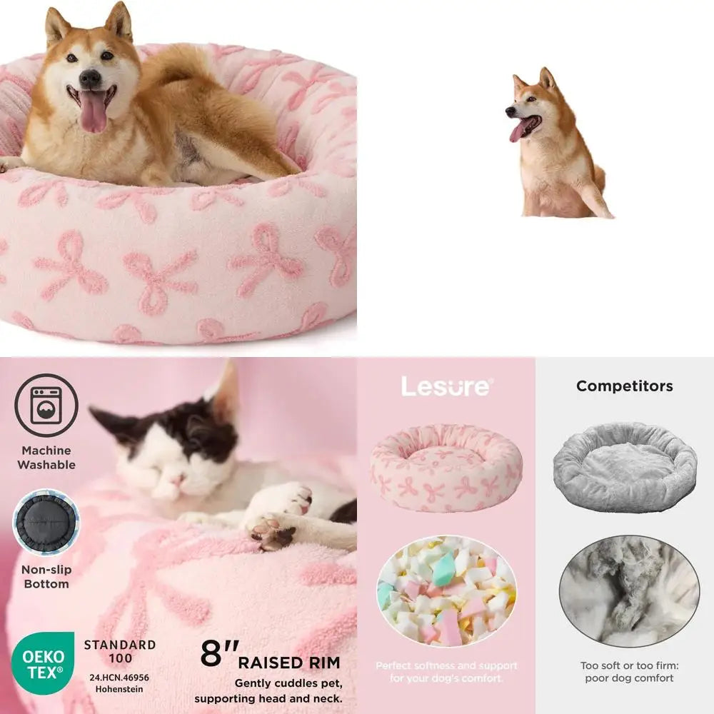 Round Plush Dog Bed for Large Dogs and Cats, 36 Pink Taffy, Washable, Anti-Anxiety, Modern Design with Anti-Slip Base