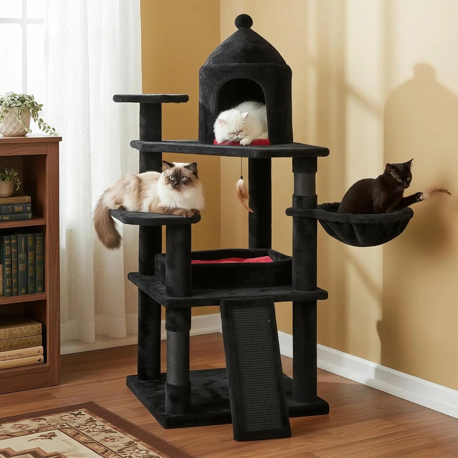 Gothic Cat Tree with Coffin Bed, Multi-Level Tower for Indoor Cats, Halloween Decor, Black and Red Design