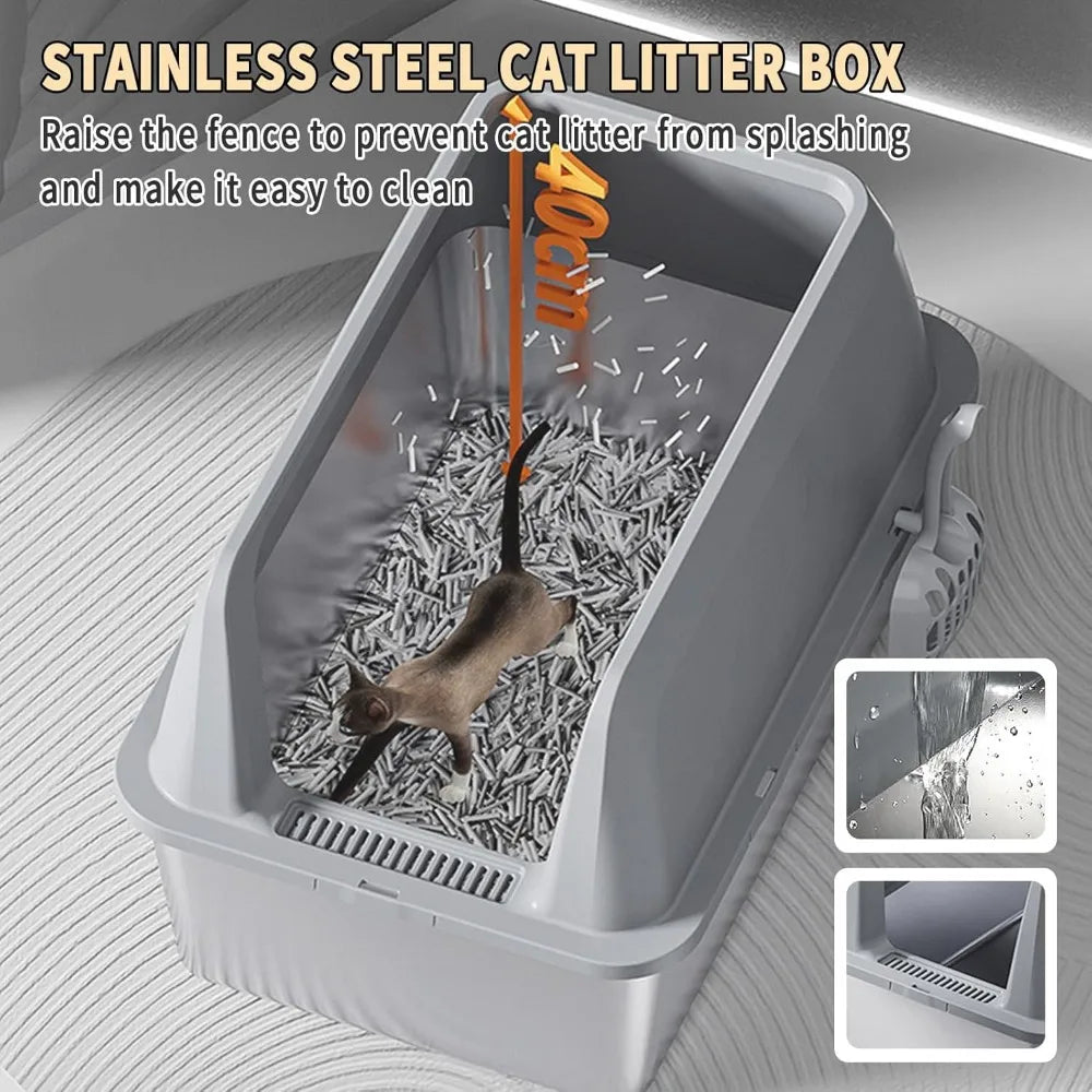 Large Stainless Steel Cat Litter Box with High Sides and Litter Mat for Easy Cleanup and Odor Control
