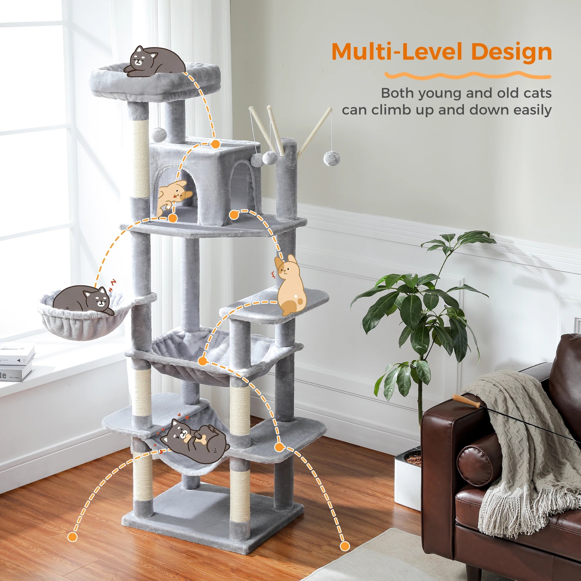 Large Cat Tree for Indoor Large Cats Tall Cat Tower for Fat Cats with Super Big Hammock, Cat Climbing Trees with Scratching Post