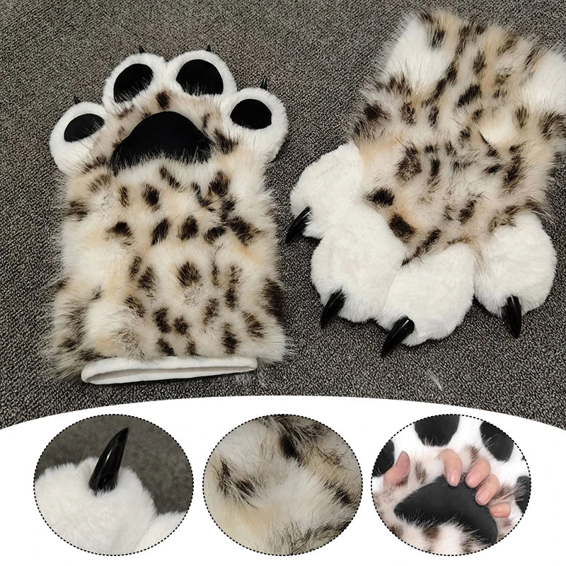 Faux Fur Snow Leopard Claws Fursuit Colorful Furry Cat Paw Halloween Dress Up Cosplay Costume Nail Tiger Claw Lolita Mittens