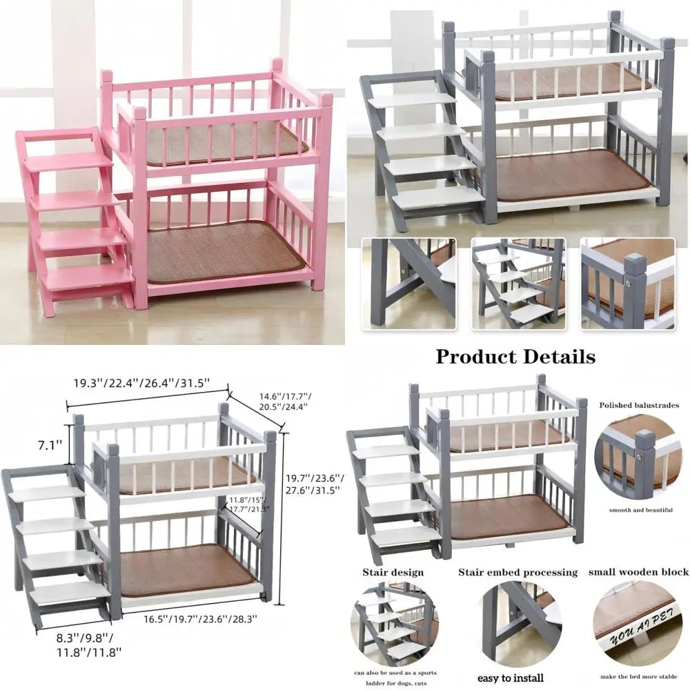Double Layer Pet Bed with Stairs - Wooden Dog Bunk Bed for Medium to Large Dogs and Cats, Removable Cushions, Pink