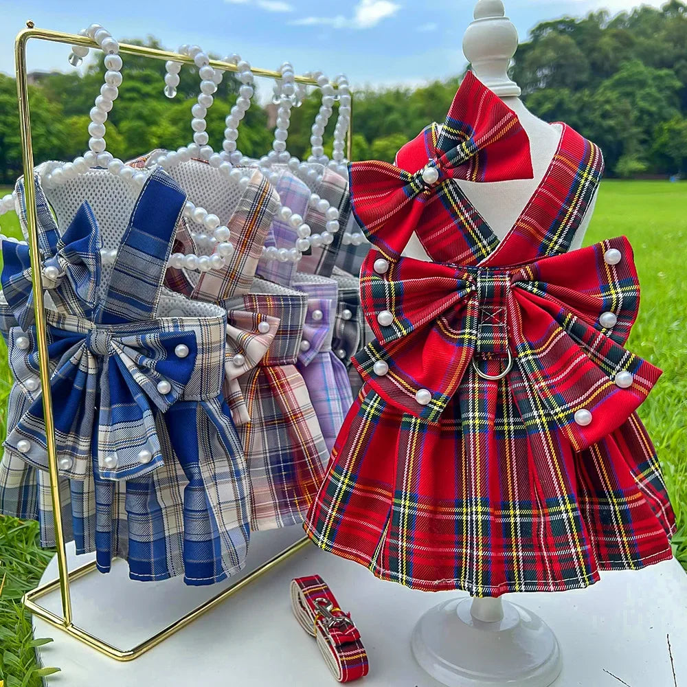 JK-Style Checkered Pet Dress Set - Bow Tie Harness Leash for Dogs & Cats (Christmas/Cosplay)