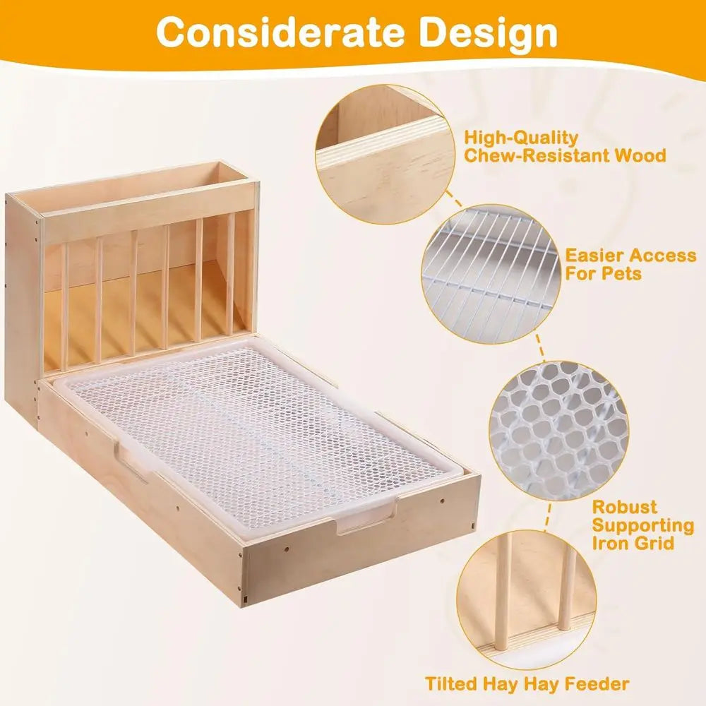 Extra-Large 2-in-1 Rabbit Hay Feeder & Litter Box Set, Wood, Mess Proof, for Guinea Pigs, Chinchillas, Hamsters, and Rabbits