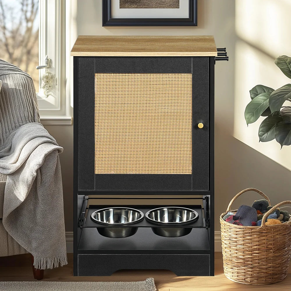 Feeding Station with 1 Storage Cabinets, Pet Feeding Station with 2 Elevated Dog Bowls, Side Hooks, Anti-tip Kit