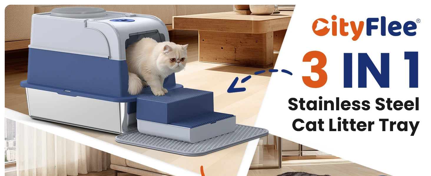 Stainless Steel Cat Litter Box Non-Stick Odor Control Easy Clean with Lid&Scoop Rust-proof Durable Stainless Steel Pet Toilet