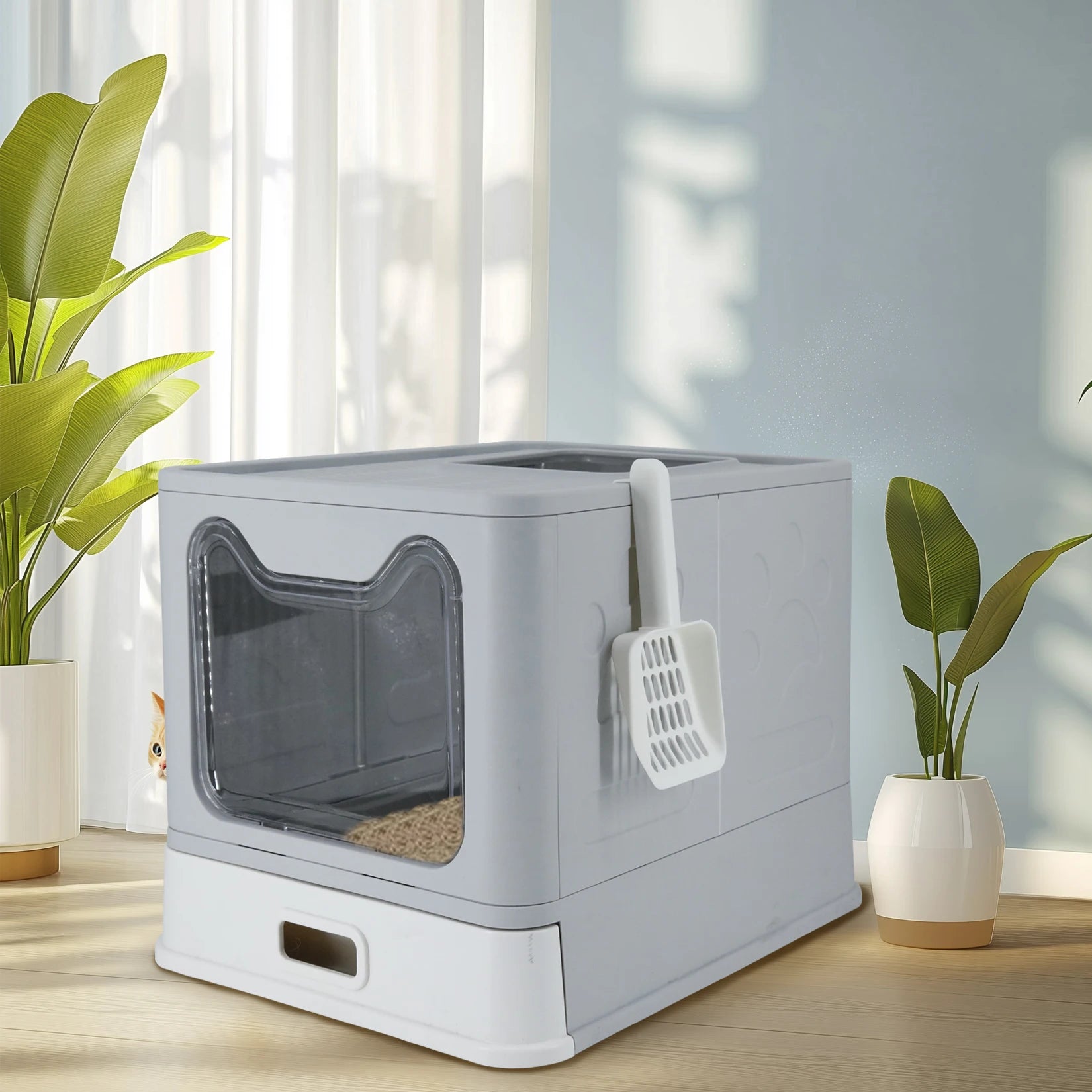 Bingopaw Stainless Steel Cat Litter Box with Lid Front Entry and Top Exit Toilet Box with Litter Scoop for Kittens,Easy Cleaning