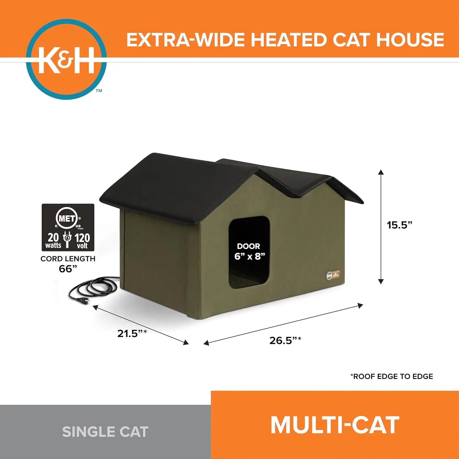 Extra-Wide Heated Outdoor Cat House with 2 Escape Doors, Insulated Weatherproof Shelter and Waterproof Heated Bed - Olive