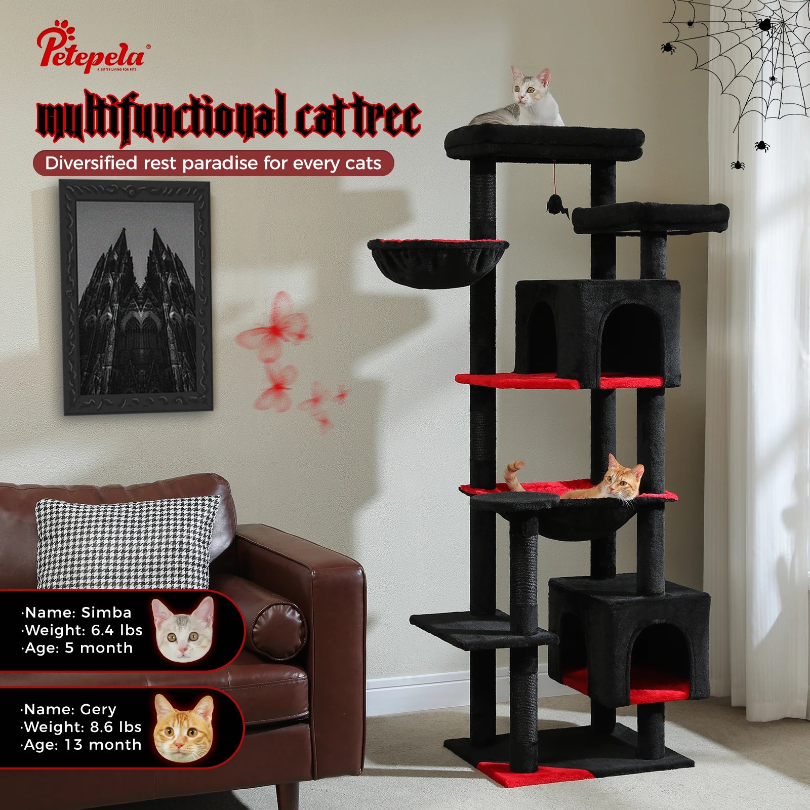 Gothic Cat Tree Black Cat Tower with Comfortable Condo,Natural Sisal Cat Scratching Post Perfect for Indoor Cats,Cat Accessories