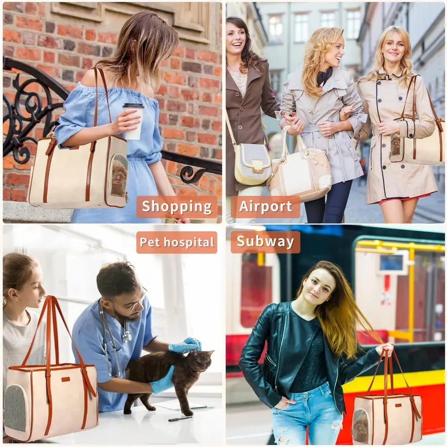 Dog Purse Pet Carrier Leather Bag for Small Dogs Cats Puppy, Portable Tote Bag Airline Approved SoftSided Carriers Beign