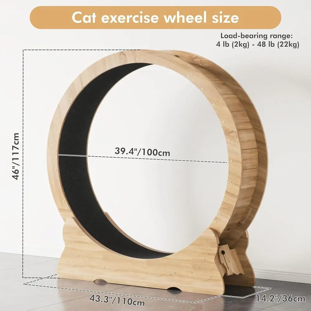 Extra Large 43.3 Indoor Cat Exercise Wheel with Removable Carpet and Teaser for Running, Walking, and Training - Natural Wood