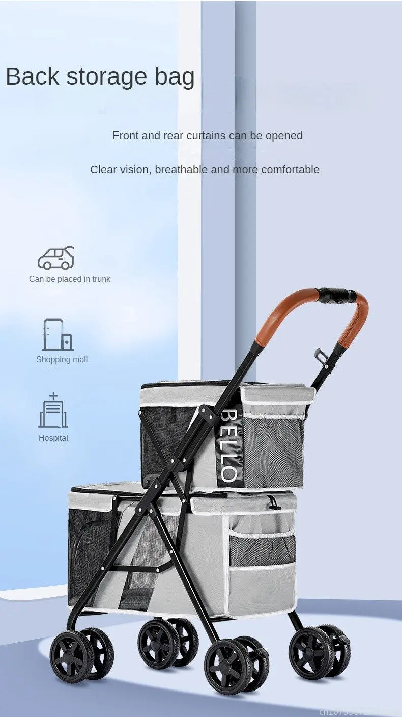 New Pet Stroller Double Layer Suitable for Two Pet Cats Dogs Foldable Cart Breathable Dog Stroller Pet Trolley carry on case