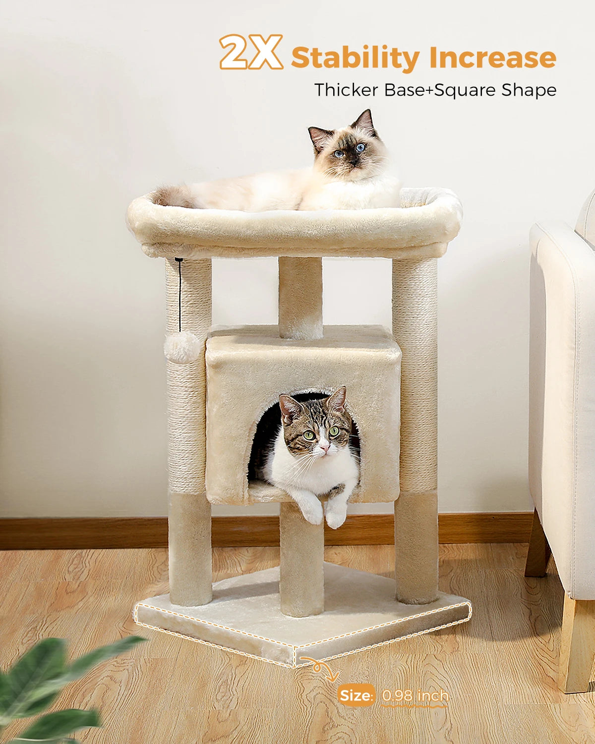 Small Cat Tree Tower with Natural Sisal Scratching Posts Soft Top Perch and Plush Pom-pom Cozy Cat Condo Bed for Indoor Cat Toys
