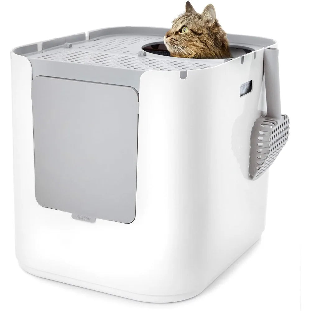 XL Litter Box, Top or Front-Entry Configurable, Full Height Seamless Base, Reusable Litter Liners, Sifting Litter Scoop,Customiz