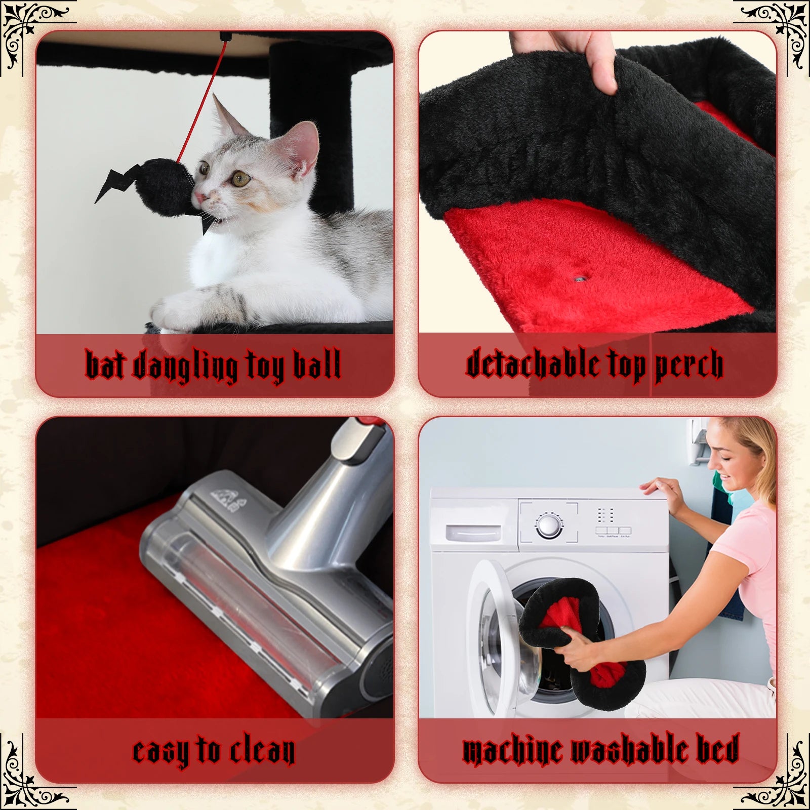 Gothic Cat Tree Black Cat Tower with Comfortable Condo,Natural Sisal Cat Scratching Post Perfect for Indoor Cats,Cat Accessories