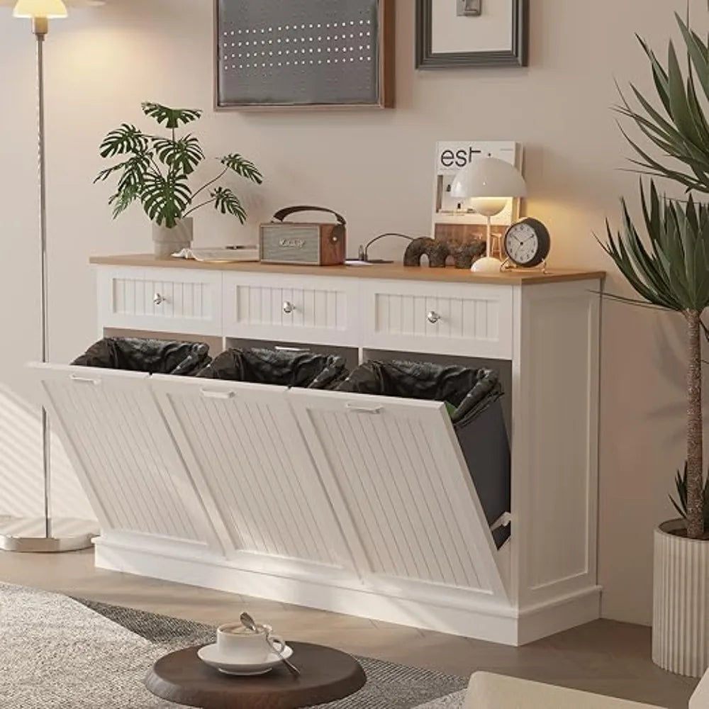 HOME.Triple Tilt Out Trash Can Cabinet 30 Gallon, 3 in 1 Garbage Can Recycling Cabinet, 59 INCH Trash Recycling Compost