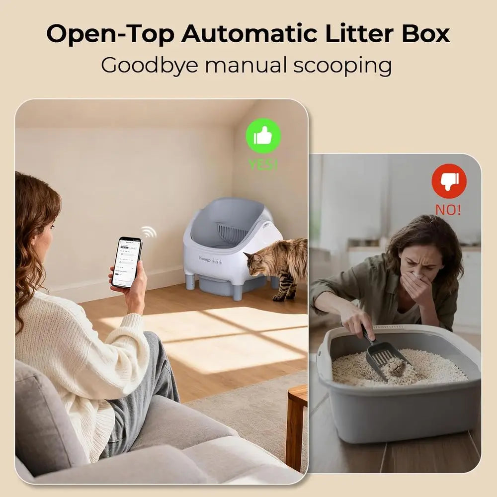 Smart Open-Top Cat Litter Box with Self-Cleaning, App Control, Safety Sensors, Odor Control, 10L Bin, 2 Garbage Rolls, Light Gre