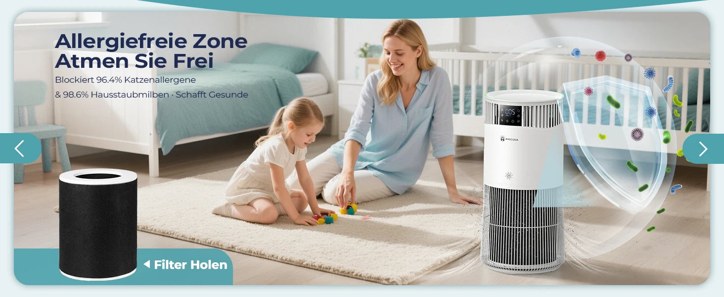 Amicura P2 Air Purifier for Pet Allergy Sufferers 843 m³/h Pet Hair Removal 450 CADR 99% Odour Neutralisation H13 Filter Against