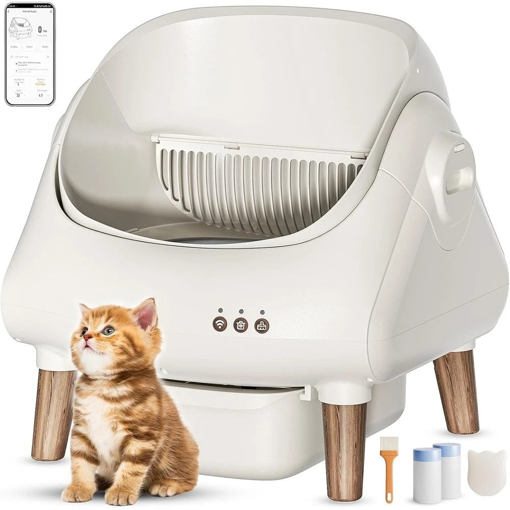App-Controlled Automatic Litter Box for Multiple Cats: Open Top, Safety, Quiet, Large Bin, Waste Bags & Brush