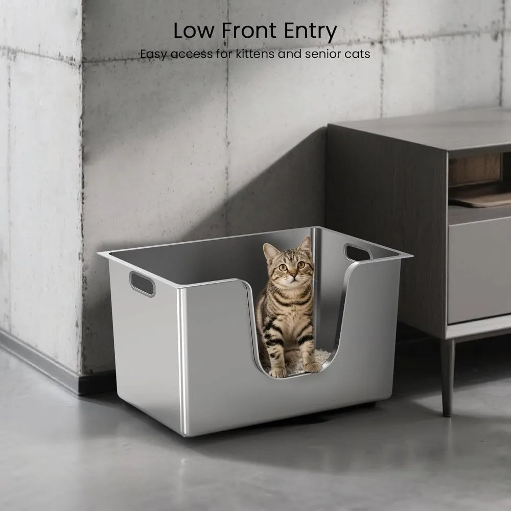 Large Metal Cat Litter Box with High Sides and Low Entry for Big Cats, Leak-Proof Pet Toilet for Kitty