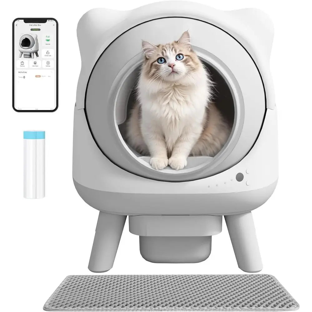 Smart Cat Litter Box with App Control and Self-Cleaning for Multi-Cat Families, Mat & Bags Included