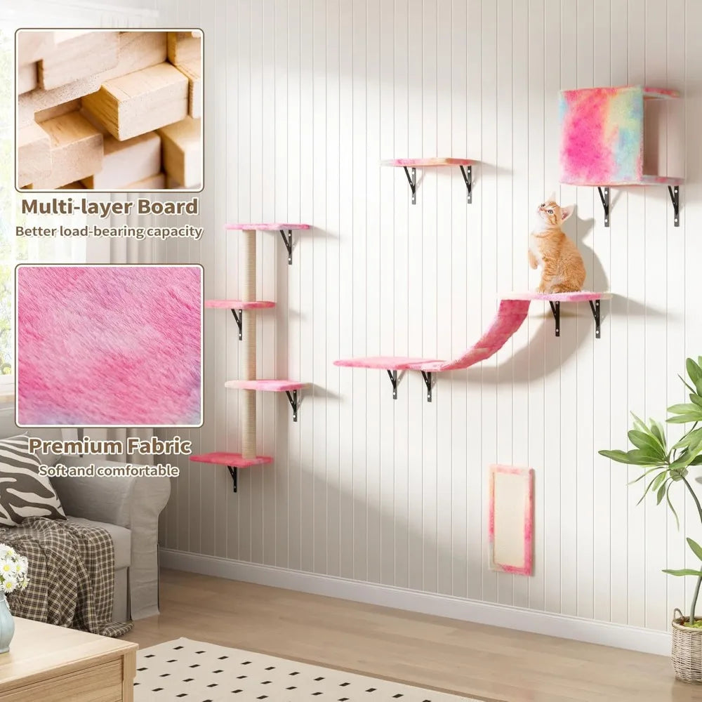 Wall-Mounted Cat Furniture Set: 5-Piece Floating Shelves and Perches for Cats in Vibrant Colors