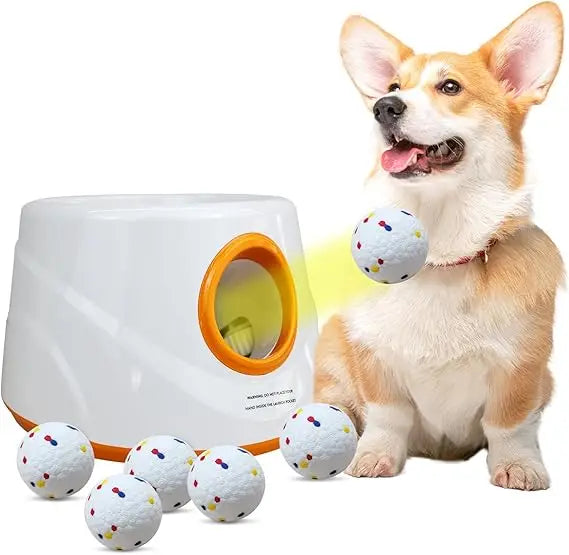 Interactive Dog Ball Launcher with 6pcs 2.3 Inch Tennis Balls, Throws 20-45ft, Ideal for Indoor and Outdoor Play