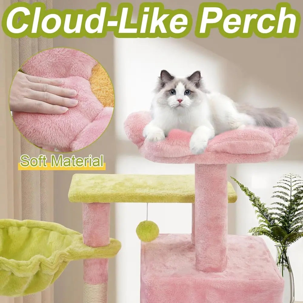Pink Flower Perch Cat Tower for Large Indoor Cats, 41 Metal Frame Tree with Hammock and Scratching Post