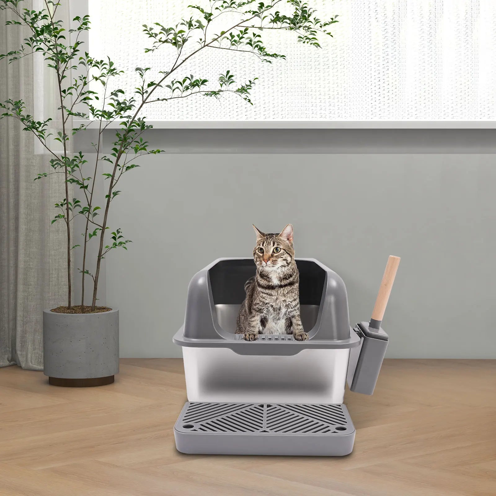Stainless Steel Cat Litter Box with Protective Shovel Placed in Living Room, Hallway, Bedroom, Pet Store