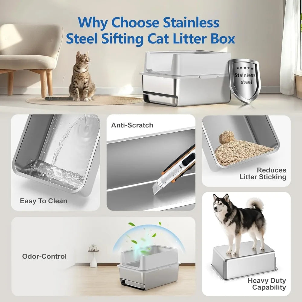 Extra Large Stainless Steel Sifting Litter Box with Drawers, 6 Lid & Metal Scoop, Ideal for XL Cats, Easy Clean Litter Tray