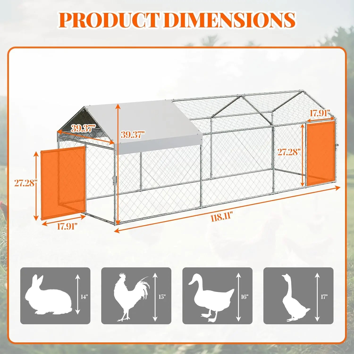 Poultry Cages for Small Animals, 300x100x100 cm Large Metal Cage w/ 2 Doors and Waterproof Cover for Chicken Coops Rabbits Ducks